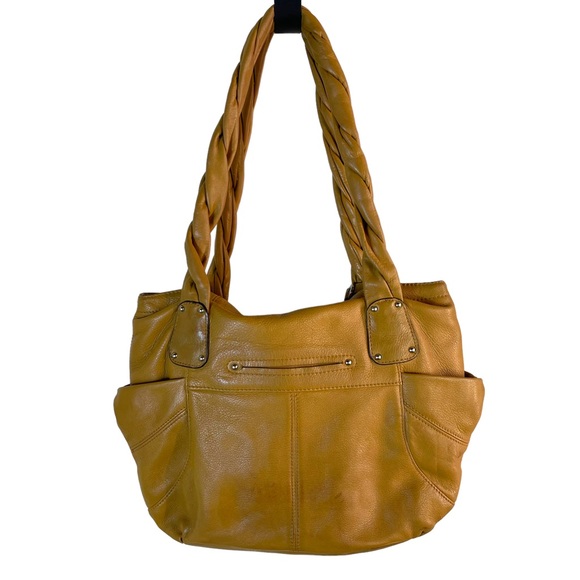 B. Makowsky Camel Leather Hobo w/ Braided Handle Magnetic Closure Leopard Lining - Picture 3 of 15